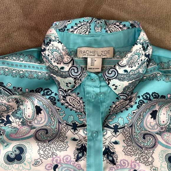 Rachel Zoe Satin Blouse Long-Sleeve Button-Down Paisley Print - Picture 7 of 13